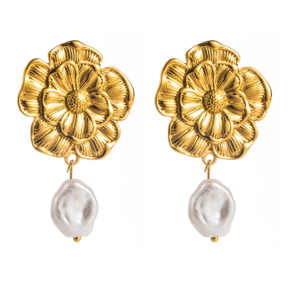 Wholesale Stylish Simple Personality Pleated Texture Flower Titanium Steel Geometric Inlay Pearl Design Sense Earrings